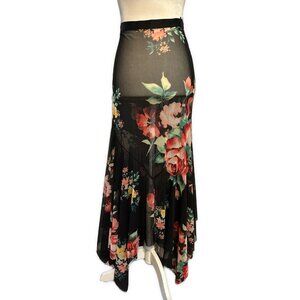 Little Pieces Black Red Yellow Green Floral Sheer Maxi Skirt Small Medium
